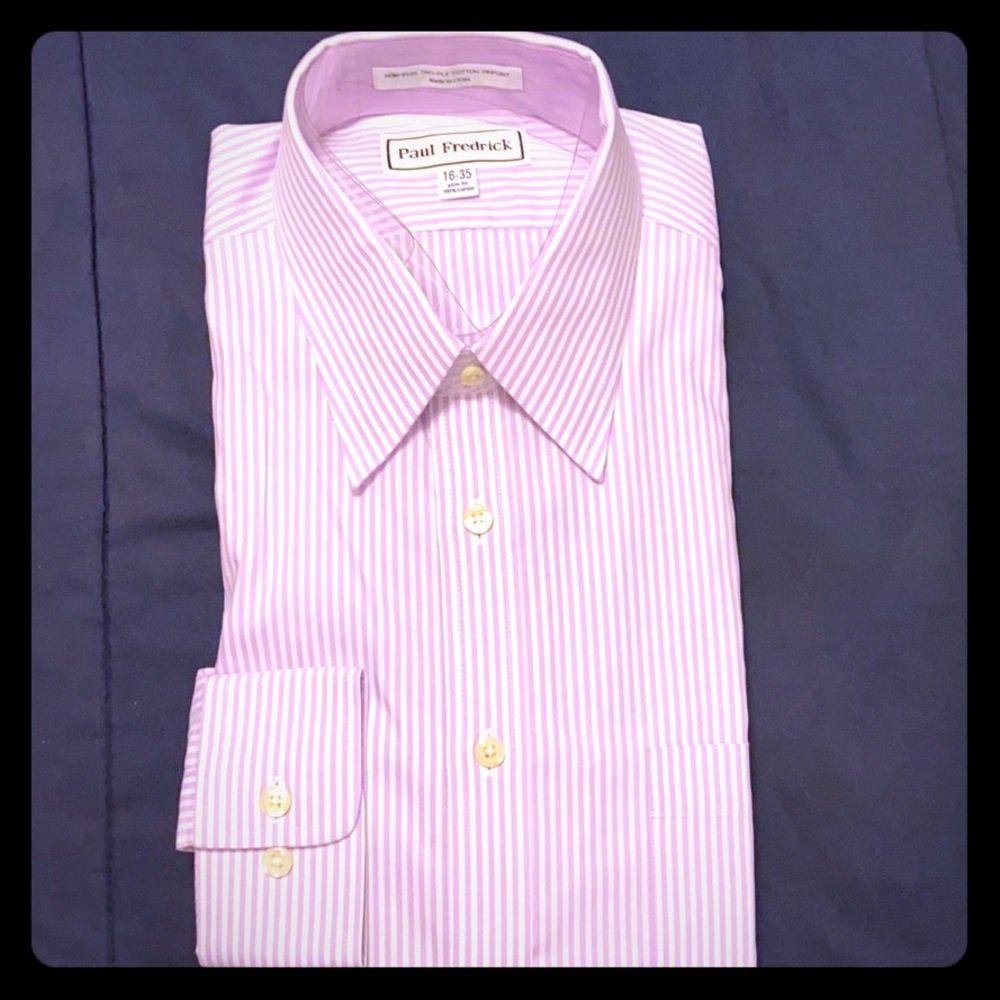 Lavender striped dress shirt with front pocket.